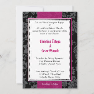 5x7 Invitación a la boda Black Floral Hot Pink Str