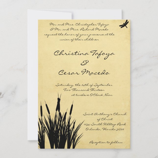 5x7 Invitación a la boda Cattail/Dragonfly Silhoue (Anverso)