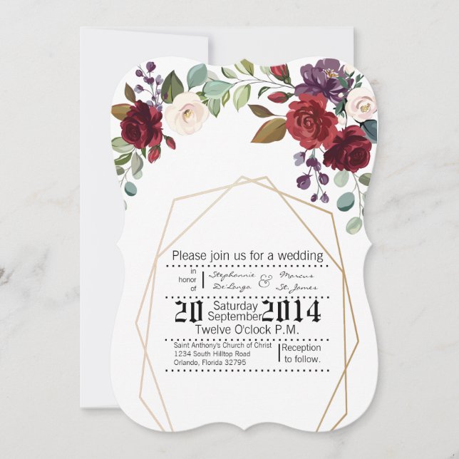 5x7 Invitación a la boda Geom de oro de rosas blan (Anverso)