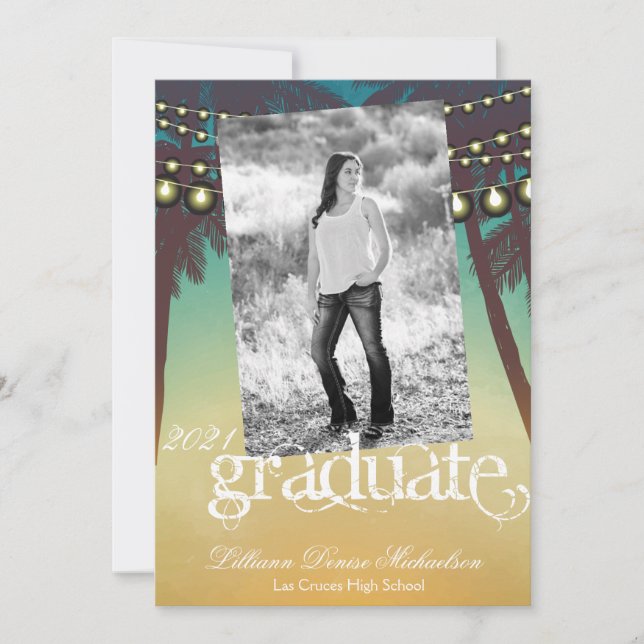 5x7 Invitación Senior Beach Sunset Palm Tree Str (Anverso)