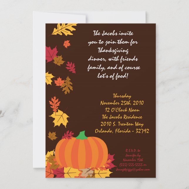 5x7 otoño deja calabaza Invitación de Acción de Gr (Anverso)