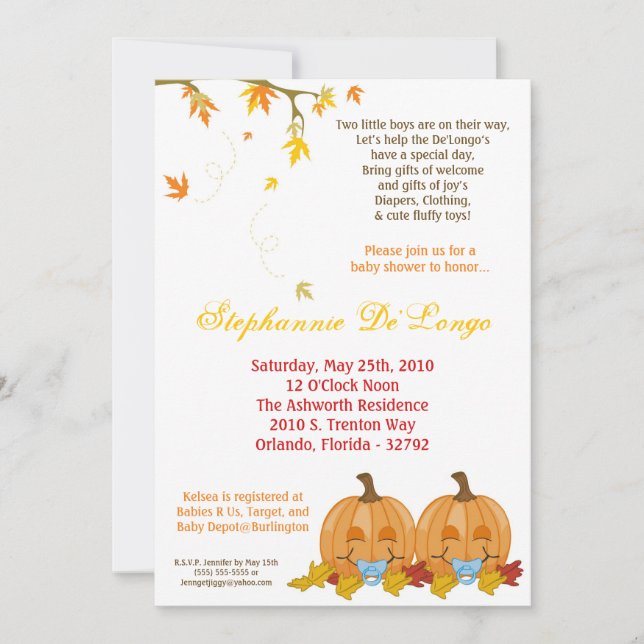 5x7 otoño deja la invitación a TWIN Boy Baby Showe (Anverso)