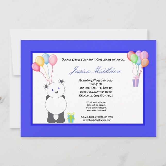 5x7 Panda Bear Globos Invitación a fiesta de cumpl (Anverso)