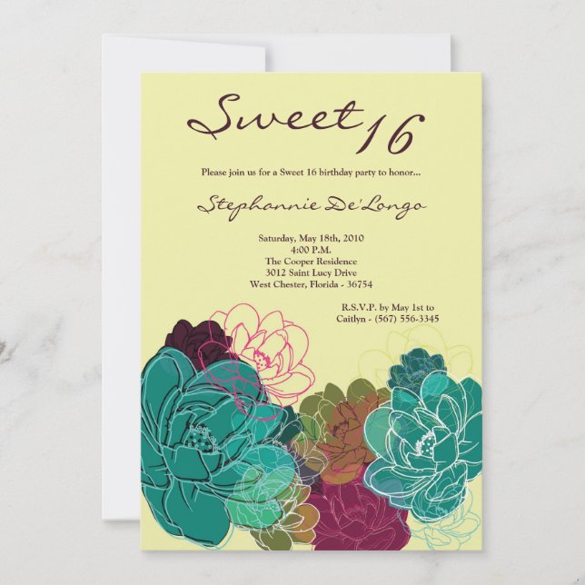 5x7 Peony Flower Sweet 16 Birthday Invitación (Anverso)