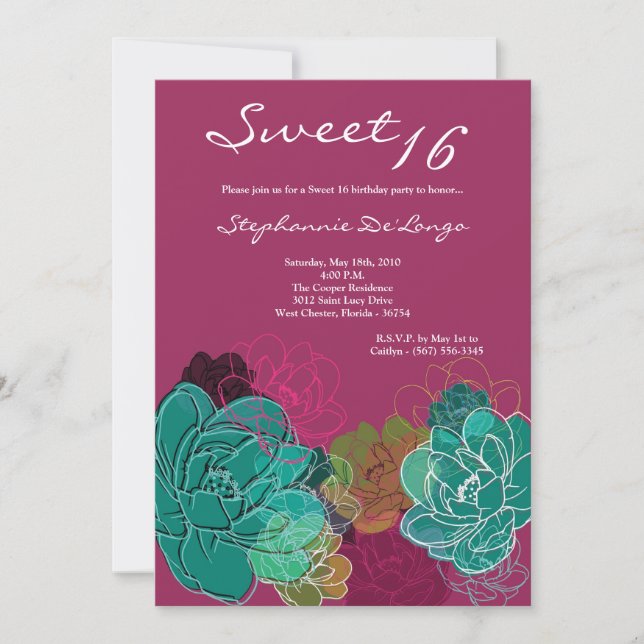 5x7 Peony Flower Sweet 16 Birthday Invitación (Anverso)