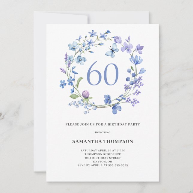 60.ª Invitación a acuarela floral azul (Anverso)