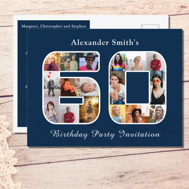 60.ª invitación a cumpleaños 60.ª foto azul oscuro (Personalized 60th birthday postcard invitation. Dark blue with photo collage template.)