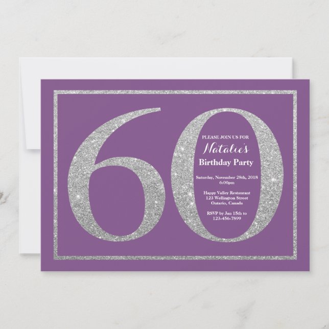 60.ª invitación a cumpleaños Purpurina morado y pl (Anverso)