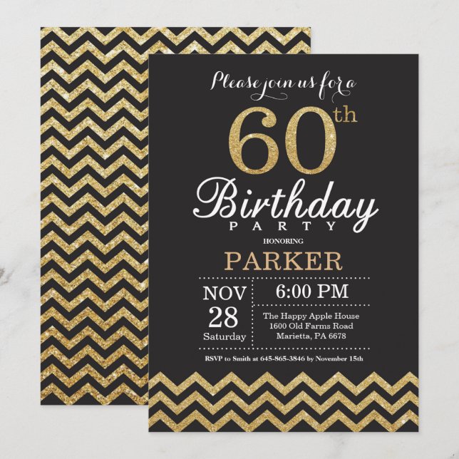 60.ª invitación a cumpleaños Purpurina negro y oro (Anverso / Reverso)