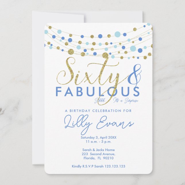 60.ª invitación a la fiesta de cumpleaños, azul y  (Anverso)