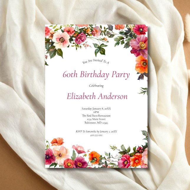 60.ª invitación a la fiesta de cumpleaños de Pink  (Red Pink Watercolor Florals 60th Birthday invitation for her. Printed or Digital Download)