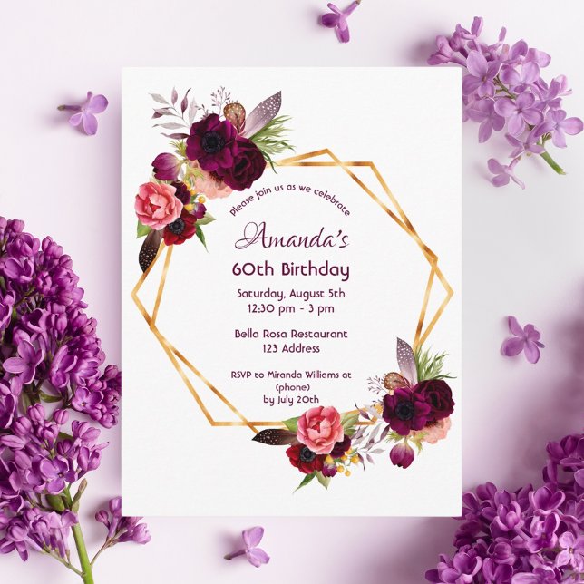 60.ª invitación burdeos floral blanca (Subido por el creador)