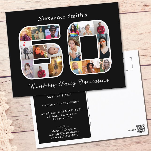 60.ª invitación de cumpleaños 60.ª foto blanco neg (Black and white 60th birthday personalized party invitation. Complete with photo collage template.)