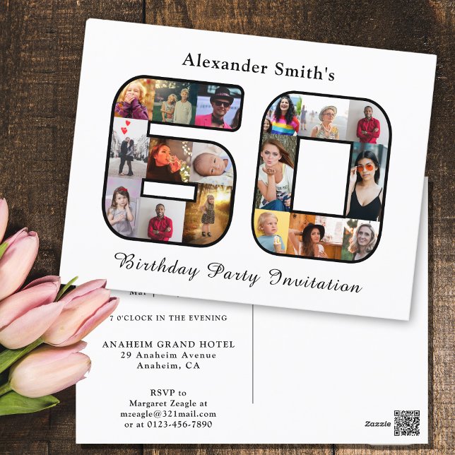 60.ª invitación de cumpleaños 60.ª foto blanco neg (Personalized 60th birthday party invitation with photo collage template.)
