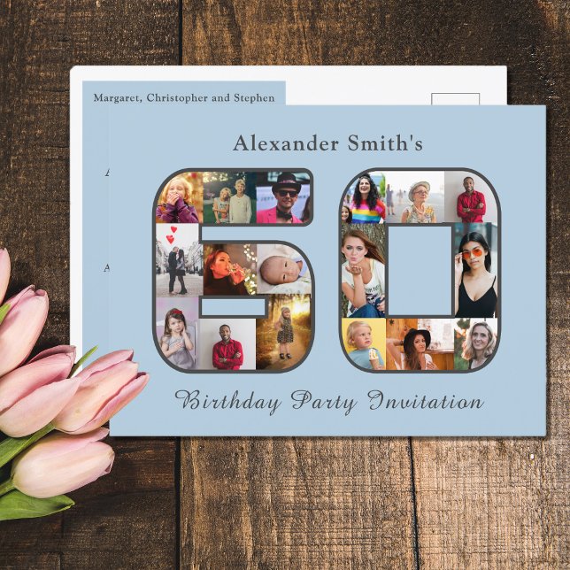 60.ª Invitación de cumpleaños 60.ª luz fotográfica (Light powder blue 60th birthday party photo invitation with photo collage template.)