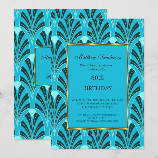 60.ª invitación de cumpleaños Art Deco Azul Verde  (Anverso / Reverso)