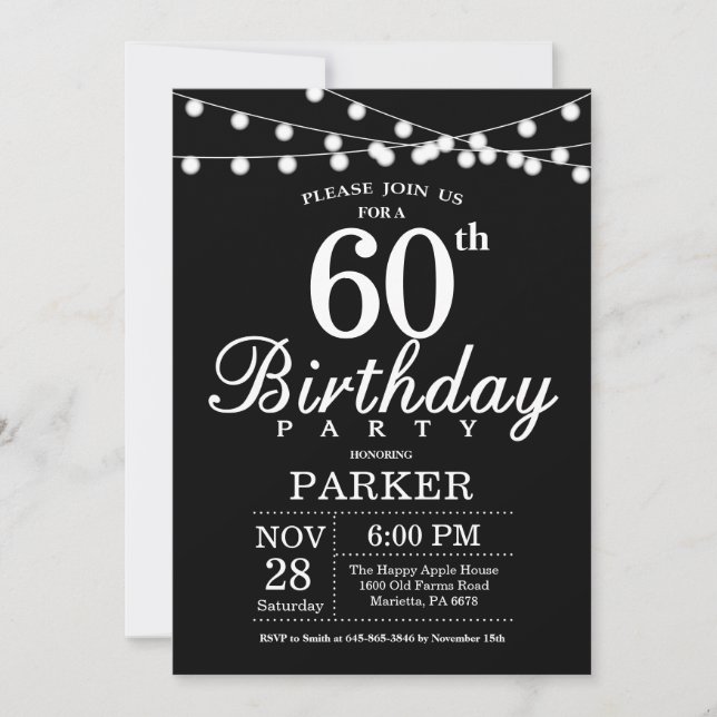 60.ª invitación de cumpleaños blanco y negro (Anverso)