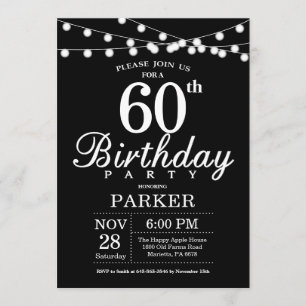 60.ª invitación de cumpleaños blanco y negro