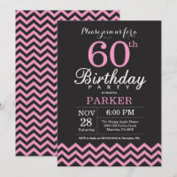 60.ª invitación de cumpleaños Chevron negro y rosa