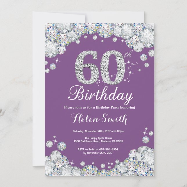 60.ª invitación de cumpleaños Diamante morado y pl (Anverso)
