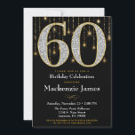 60.ª invitación de cumpleaños Diamantes de oro Neg<br><div class="desc">Una elegante invitación para la fiesta de cumpleaños número 60 en negro y oro,  con una gran 60 con diamantes y aspecto dorado junto con una cortina purpurinoso de luces doradas. Por el hombre o mujer de 60 años en tu vida.</div>