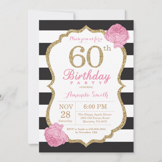 60.ª invitación de cumpleaños Floral de oro negro  (Anverso)