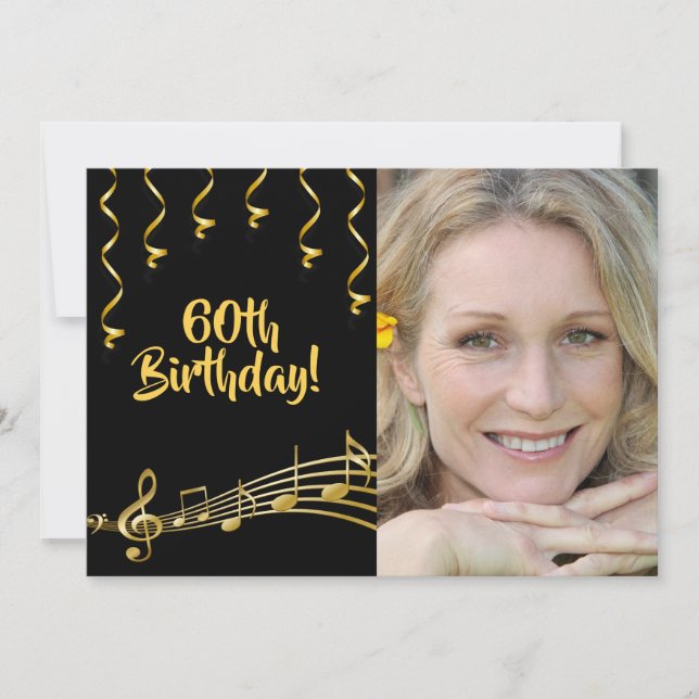 60.ª invitación de cumpleaños foto dorado negro gl (Anverso)