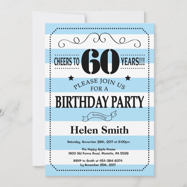 60.ª invitación de cumpleaños franjas azul y blanc (Anverso)
