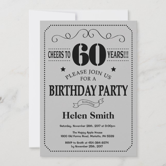 60.ª invitación de cumpleaños gris negro y platead (Anverso)