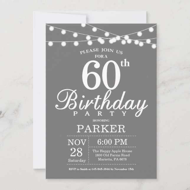 60.ª invitación de cumpleaños gris y blanco (Anverso)