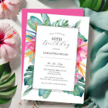 60.ª invitación de cumpleaños Luau tropical<br><div class="desc">Celebre al estilo de la isla con estas invitaciones de cumpleaños 60 del luau tropical, con audaces flores de hibisco rojo y hojas de palma acuarelas. Perfecto para fiestas de verano y celebraciones de estilo hawaiano, estas editables invitaciones de cumpleaños para adultos marcan la pauta para una reunión vibrante. Ideal...</div>