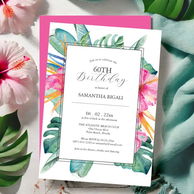 60.ª invitación de cumpleaños Luau tropical (60th birthday invitations for her tropical floral palm leaf art Victoria Grigaliunas DoTellABelle)