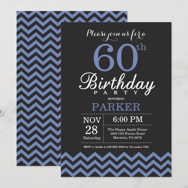 60.ª invitación de cumpleaños negro y azul (Anverso / Reverso)