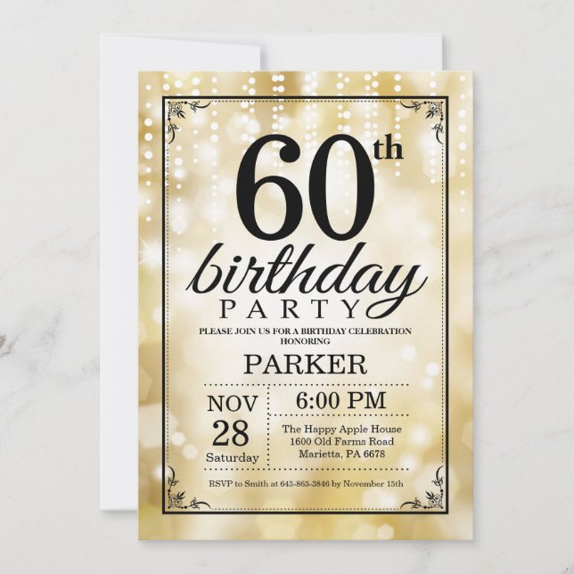 60.ª invitación de cumpleaños Purpurina de oro (Anverso)