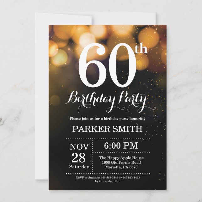 60.ª invitación de cumpleaños Purpurina de oro (Anverso)