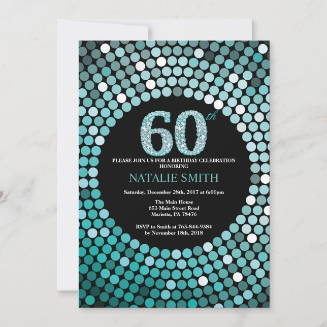 60.ª invitación de cumpleaños Purpurina negro y Ve (Anverso)