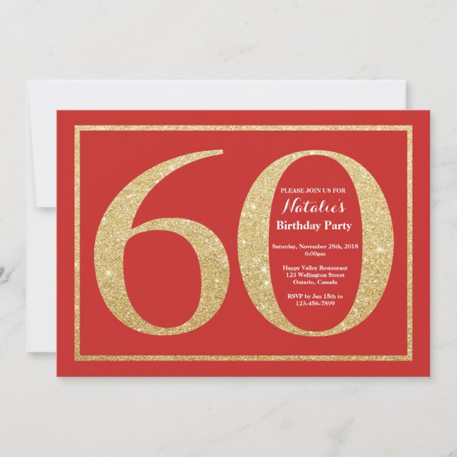60.ª invitación de cumpleaños Purpurina rojo y oro (Anverso)