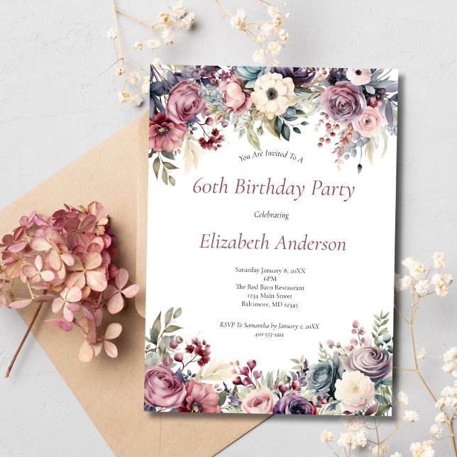 60.ª invitación de fiesta de cumpleaños a Pink Pur (Pink purple blue moody florals 60th birthday invitation for her. Digital or Printed. Watercolor )