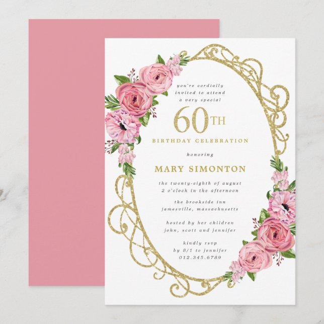 60.ª Invitación de oro con flores rosadas de cumpl (Anverso / Reverso)