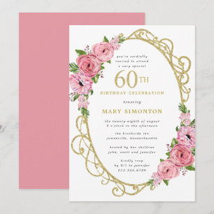 60.ª Invitación de oro con flores rosadas de cumpl