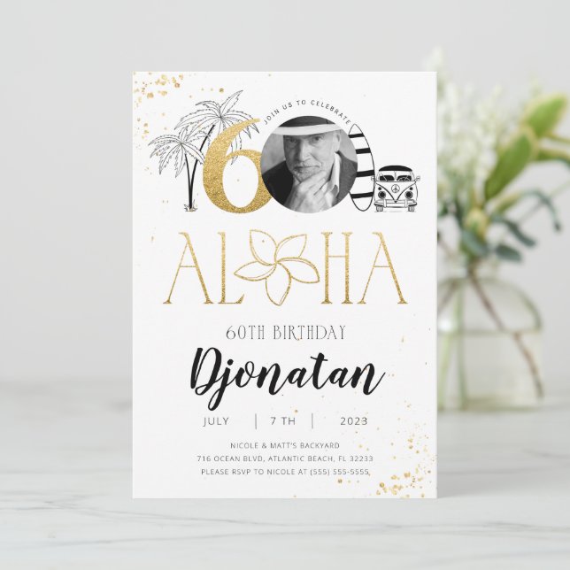 60.ª invitación de oro de cumpleaños tropical con  (Anverso de pie)