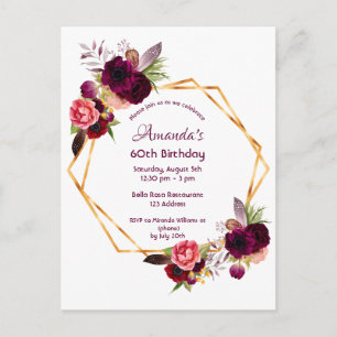 60.ª invitación de oro floral burdeos de cumpleaño