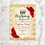 60.º cumpleaños - Invitación de Rosas de bandas de<br><div class="desc">60.ª Invitación de cumpleaños. Diseño elegante en oro y rojo. Presenta franjas de oro purpurina falsas,  letra de guión elegante de rosas rojas y confeti. Perfecto para una fiesta de cumpleaños glam.</div>