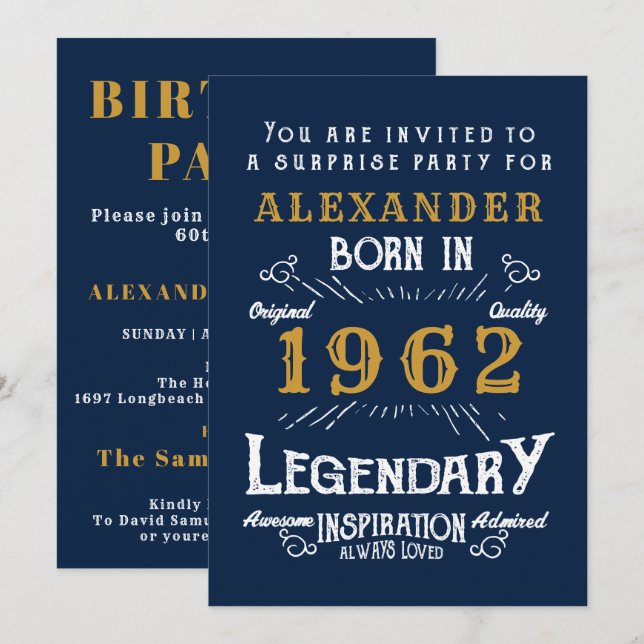 60.º cumpleaños Nacido en 1962 Invitación Retro de (Anverso / Reverso)