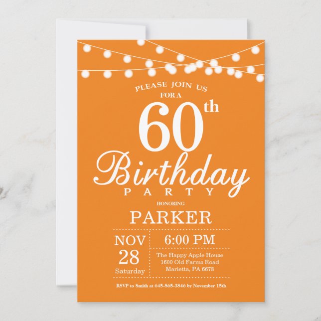 60.º Naranja de invitaciones de cumpleaños (Anverso)