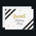 60.º Personalizado de la fiesta de cumpleaños<br><div class="desc">Invitación a guión de cumpleaños 60 de Surprise Modern Surprise con rayas negras y puntos purpurinas de Relieve metalizado dorado con tipografía de escritura que puede editar fácilmente. Para una mayor personalización,  haga clic en el botón "Personalizar" y utilice nuestra herramienta de diseño para modificar esta plantilla.</div>