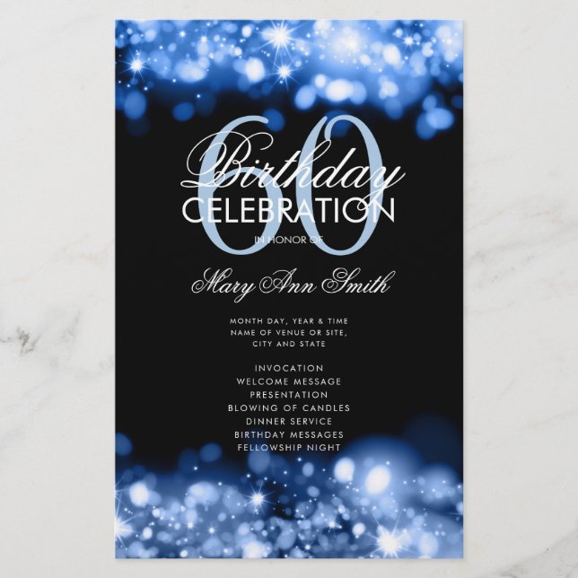 60.º programa de cumpleaños Glam Lights Navy Menu (Frente)