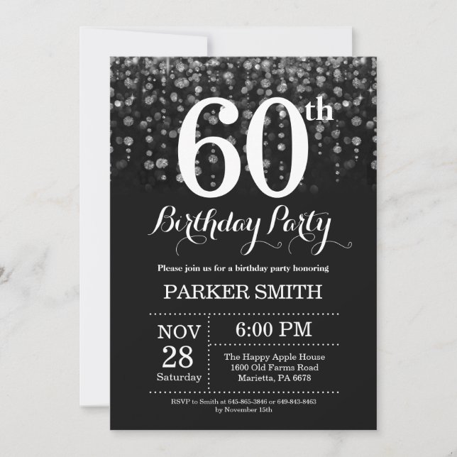 60.º Purpurina plateado de la invitación al cumple (Anverso)