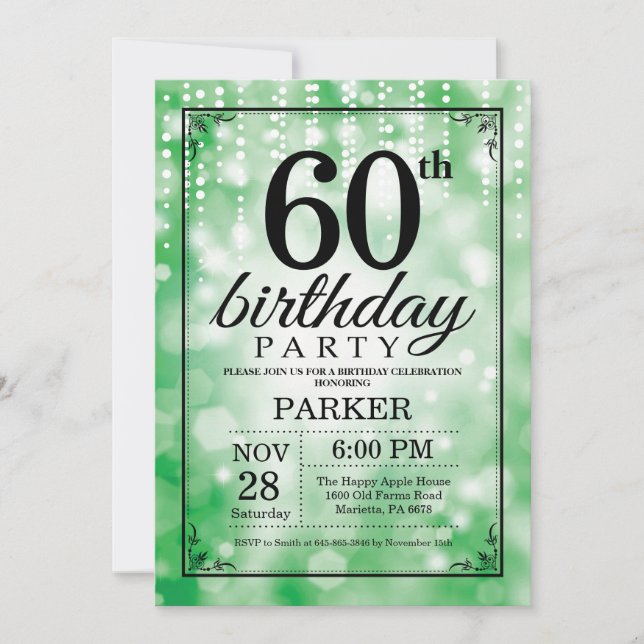60.º Purpurina Verde de la invitación al cumpleaño (Anverso)