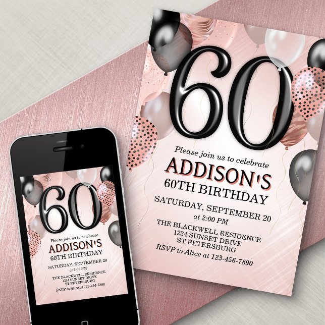 60.º Rosa de cumpleaños Invitación a globos de oro (Subido por el creador)